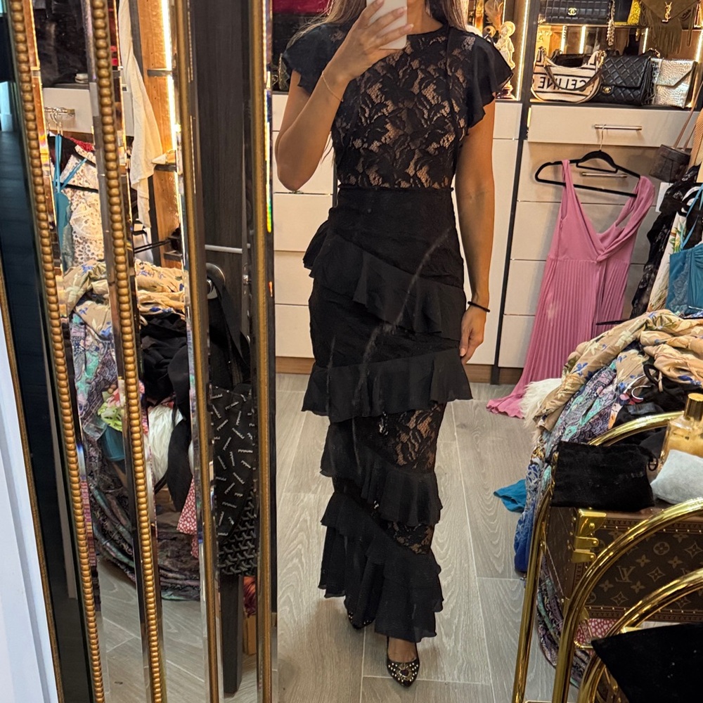 PrettyLittleThing Black Lace Ruffle Dress